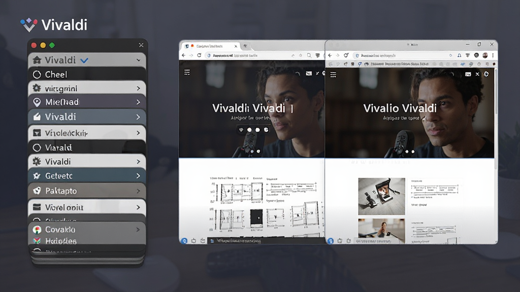 Vivaldi浏览器标签页堆叠与平铺功能展示图,画面左侧为标签堆叠列表,右侧为两个网页平铺对比的界面,清晰展示多任务处理场景,图片带有“Vivaldi”标识,风格写实,细节丰富,画质高清。