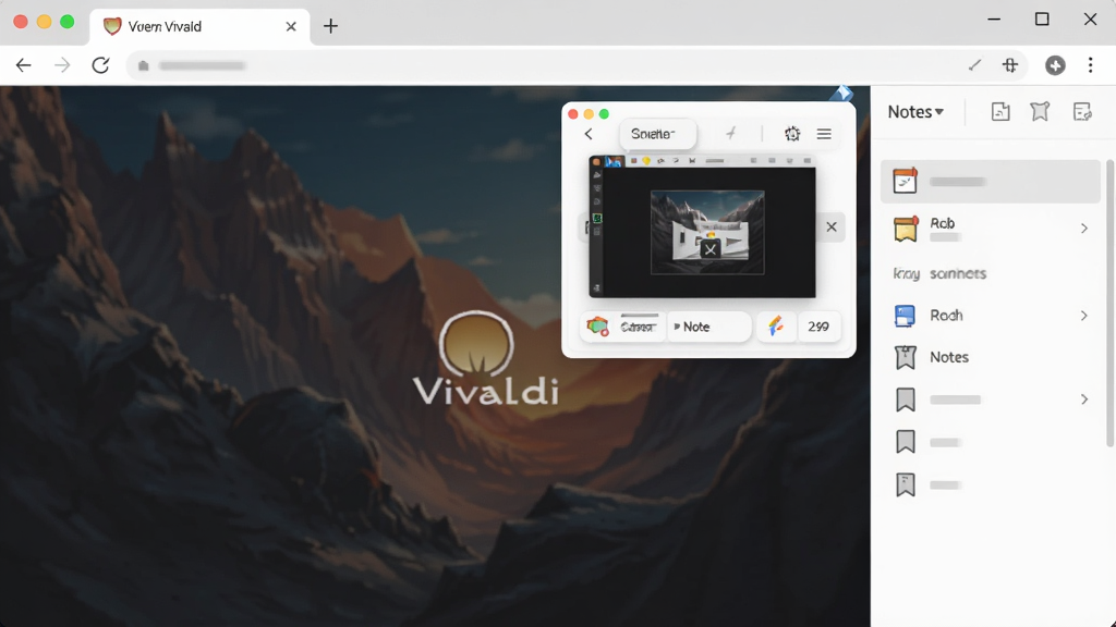 Vivaldi浏览器右侧面板展开图,展示内嵌的截图工具、笔记和书签面板,界面布局合理,功能图标清晰可见,整体风格与主界面一致,画质干净,无多余元素。