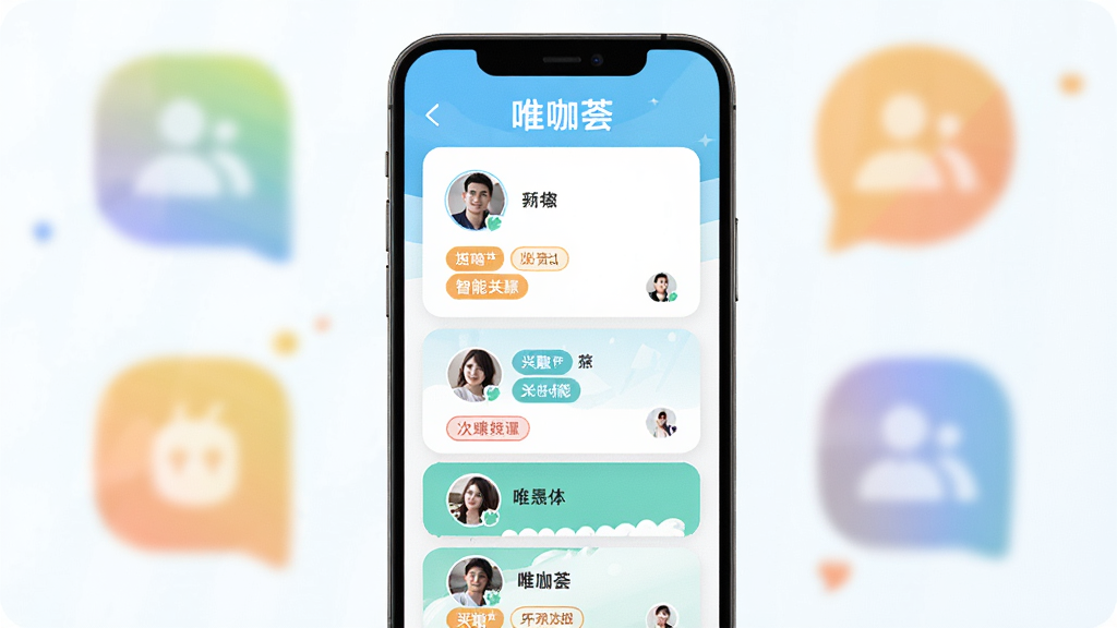 唯咖荟智能推荐功能示意图,手机界面展示多个用户卡片,每张卡片带有兴趣标签和头像,背景有模糊的社群图标,排版整齐,色彩明快,风格清新,画质清晰,无多余元素