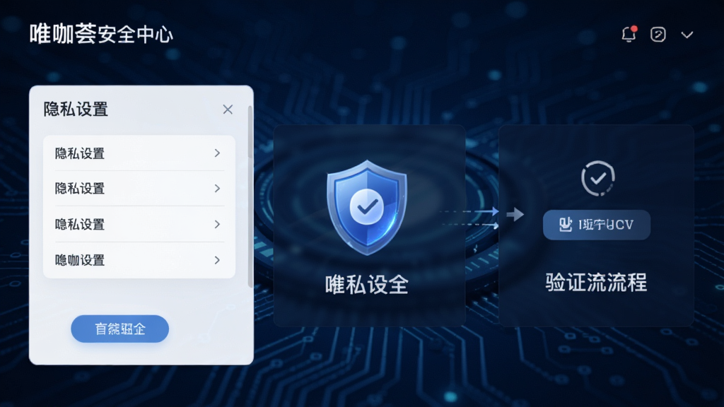 唯咖荟安全中心界面,展示隐私设置选项、盾牌图标和验证流程,背景为深蓝色科技感纹理,界面简洁大方,风格专业,画质锐利,无多余元素