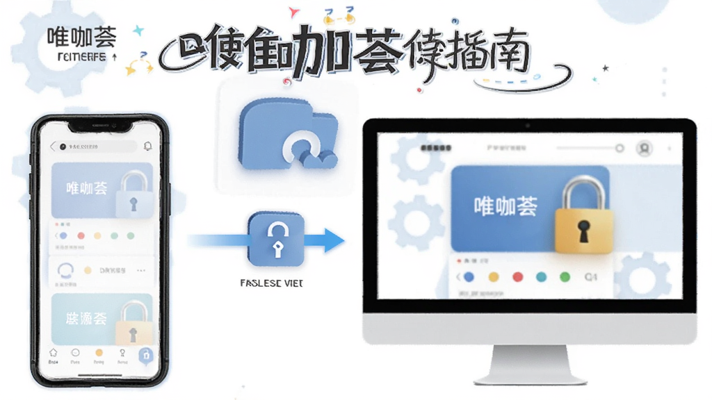 唯咖荟使用指南插图,展示手机与电脑连接图标,背景有设置齿轮和安全锁元素,排版清晰,风格简洁,细节丰富,画质干净,无多余元素