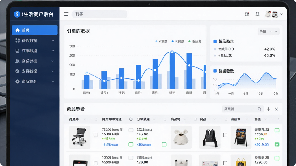 主体:i生活商户后台界面,显示订单数据图表和商品列表。布局:左侧菜单栏,右侧内容区域,图表清晰。排版:数据可视化,表格规整。风格:商务专业,蓝白配色。细节:图表动态展示,商品图片清晰。画质:高清,干净,无多余元素。