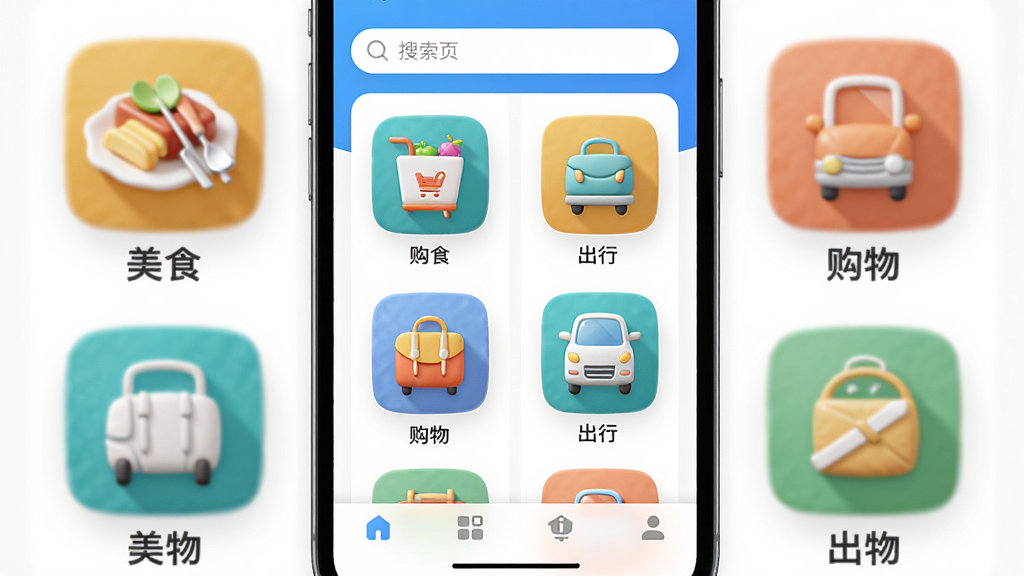 主体:i生活APP首页截图,展示美食、购物、出行等分类入口。布局:顶部搜索栏,下方网格状功能图标,底部导航栏。排版:清晰有序,图标带文字标签。风格:现代简约,色彩明快。细节:每个图标设计精致,有立体感。画质:高清,干净,无多余元素。