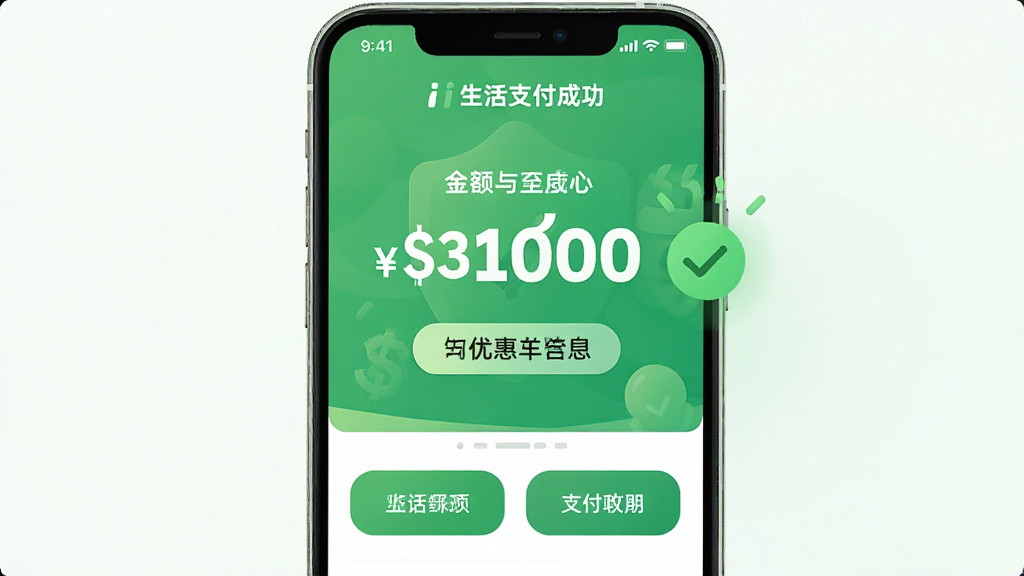 主体:i生活支付成功界面,显示金额和优惠信息。布局:中央显示支付结果,下方功能按钮。排版:简洁明了,重点突出。风格:清新绿色调,象征安全。细节:打勾动画,金额字体加粗。画质:高清,干净,无多余元素。