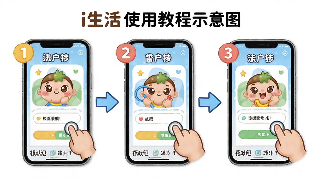 主体:i生活使用教程示意图,手机屏幕显示操作步骤。布局:分步骤图解,每步配文字说明。排版:清晰易懂,箭头指引。风格:卡通可爱,色彩鲜艳。细节:步骤数字标注,重点高亮。画质:高清,干净,无多余元素。