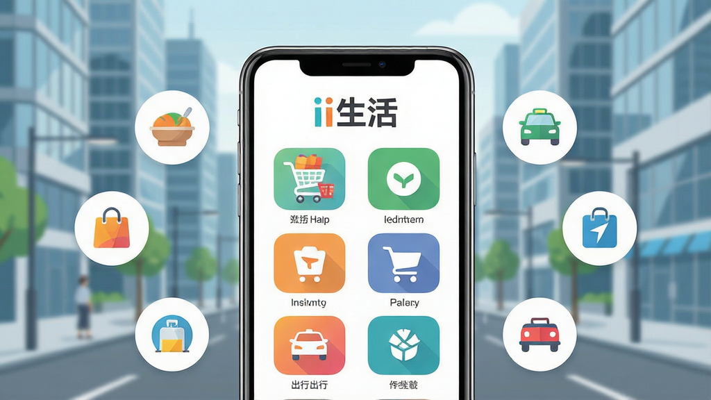 主体:i生活APP界面展示,手机屏幕显示生活服务分类图标,背景为现代城市街景。布局:手机居中,周围环绕食物、购物、出行等小图标。排版:简洁明了,突出APP名称“i生活”字样。风格:清新明亮,扁平化设计。细节:界面图标清晰,色彩丰富但不杂乱。画质:高清,干净,无多余元素。