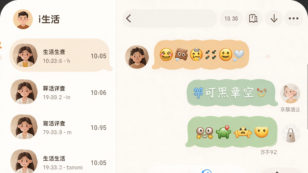 主体:i生活聊天界面,两个用户头像对话气泡。布局:左右分布,左侧联系人列表,右侧聊天窗口。排版:简洁大方,消息时间清晰。风格:温馨柔和,圆角设计。细节:气泡圆润,表情符号丰富。画质:高清,干净,无多余元素。