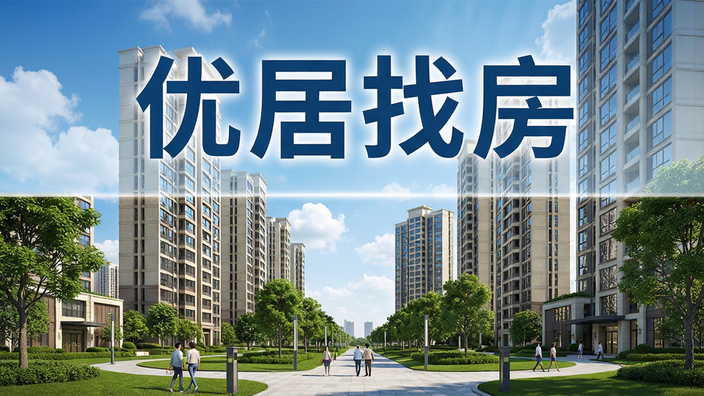一幅展示现代都市住宅区的全景图,画面中央醒目地标注“优居找房”品牌字样,背景是蓝天白云下的高层住宅楼群,前景有绿树和行人步道,整体风格明亮清晰,突出房产信息服务的专业与可靠,布局采用上下结构,上方为品牌名称,下方为住宅实景,画质高清,干净无多余元素