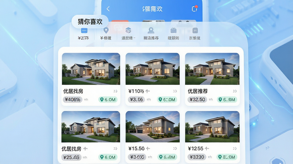 一张优居找房APP的智能推荐页面模拟图,界面以卡片式布局展示多套房源,每张卡片包含房屋图片、价格、位置标签,顶部有“猜你喜欢”栏目,背景为淡蓝色科技感渐变,整体风格现代简约,突出算法推荐的精准与便捷,画质高清,干净无多余元素