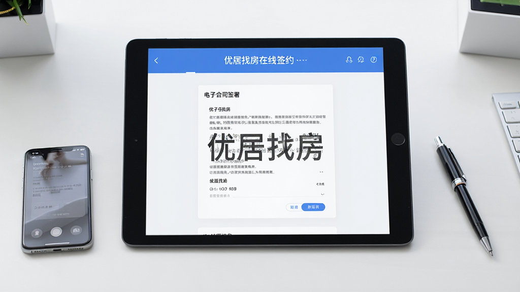 一张展示优居找房在线签约功能的图片,画面中一台平板电脑显示电子合同签署页面,合同上有“优居找房”水印,旁边有手机和签字笔,背景是简洁的办公桌面,整体风格专业商务,突出便捷与安全,布局为居中构图,画质清晰,无多余元素