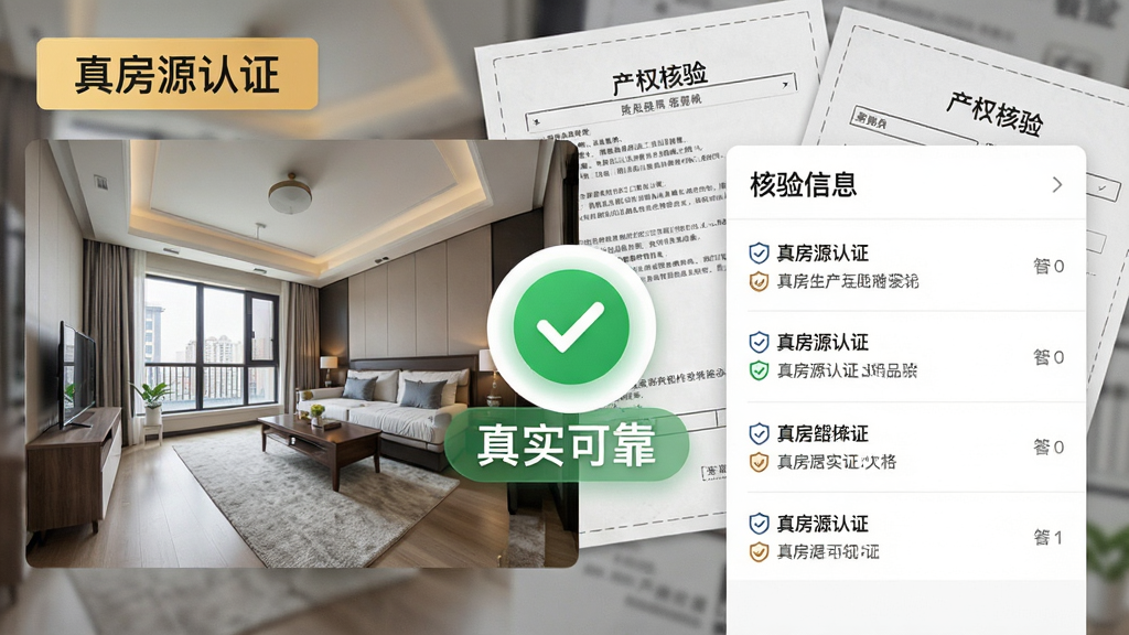 一张优居找房APP的界面截图模拟图,展示“真房源认证”标签,背景是房屋实拍照片与产权核验文档的拼贴,画面中央有绿色对勾图标,突出“真实可靠”的主题,布局为左右结构,左侧为房源图片,右侧为核验信息列表,风格简洁商务,画质清晰,无多余元素