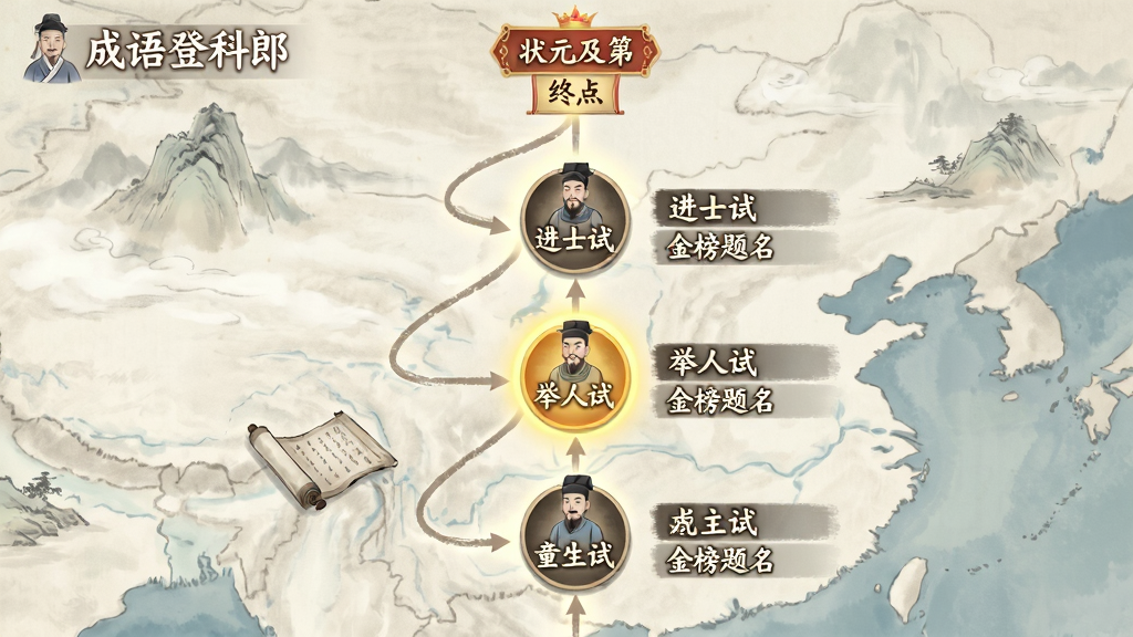 主体:成语登科郎App的闯关地图界面,显示“童生试”、“举人试”、“进士试”等关卡节点;布局:地图纵向排列,节点由下至上延伸,当前关卡高亮;排版:节点图标为古代书生形象,路径清晰;风格:古风水墨画风,淡雅背景;细节:每个节点上有成语题目预览,如“金榜题名”,顶端有“状元及第”终点;画质:高清,干净,无多余元素