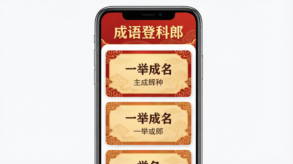 主体:成语登科郎App的界面展示,手机屏幕上有“成语登科郎”字样和成语卡片;布局:手机居中,界面清晰,上方是应用名称,下方是成语列表;排版:简洁大方,卡片式布局,文字醒目;风格:现代扁平化,色彩明快,以中国传统红色和金色为主色调;细节:成语卡片上显示成语“一举成名”及其释义,背景有古典纹样;画质:高清,干净,无多余元素