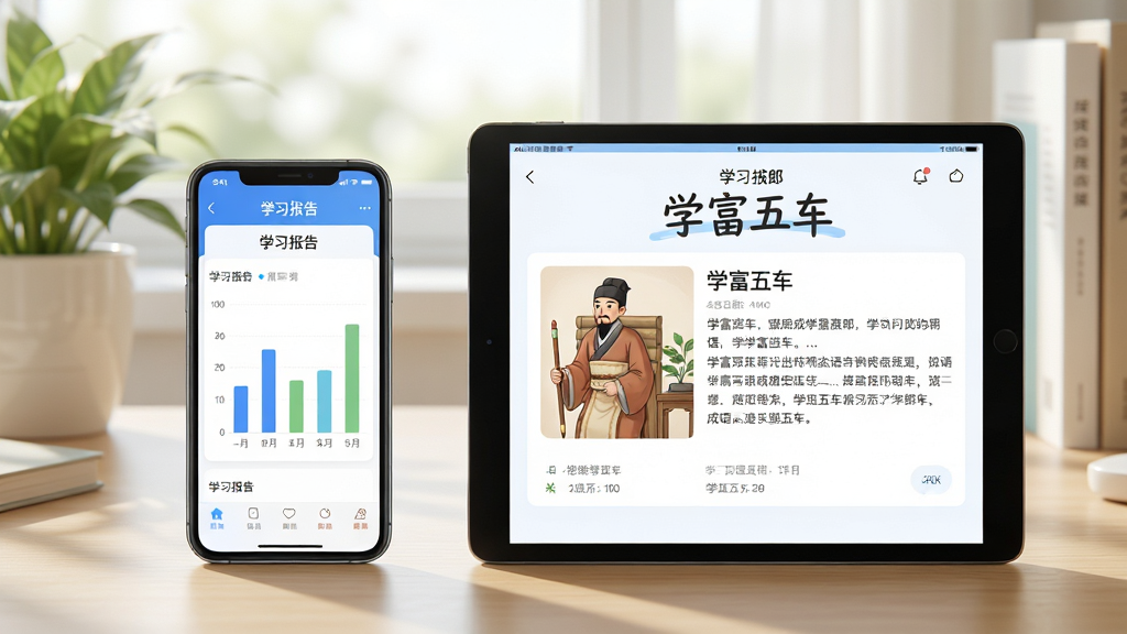 主体:成语登科郎App在手机和平板上的使用场景,屏幕显示学习报告页面;布局:左手机右平板,背景是书桌和绿植;排版:两个设备并排,画面均衡;风格:明亮清新,写实风格;细节:手机屏幕显示“学习报告”柱状图,平板屏幕显示成语“学富五车”详情;画质:4K高清,干净,无多余元素