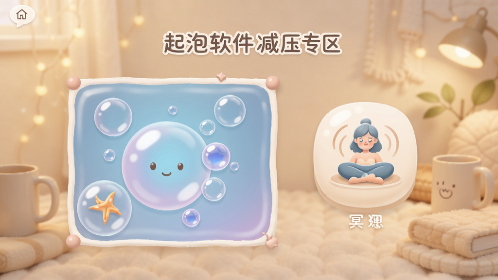 起泡软件减压专区界面,包含泡泡挤压游戏和冥想图标,背景柔和,风格舒适,细节温馨,画质干净无多余元素