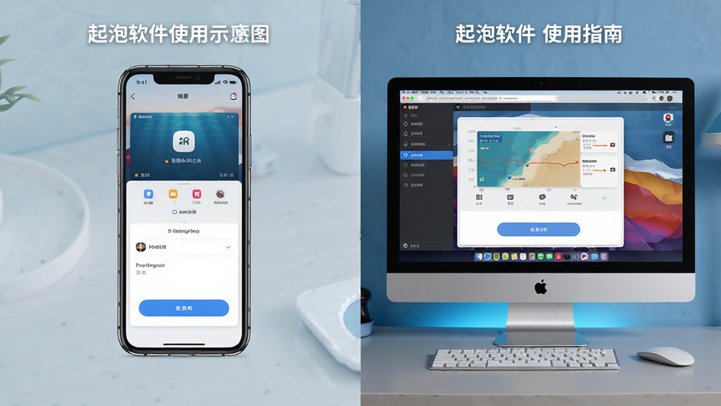 起泡软件使用指南示意图,手机和电脑同时展示操作界面,布局分屏,风格现代,细节清晰,画质干净
