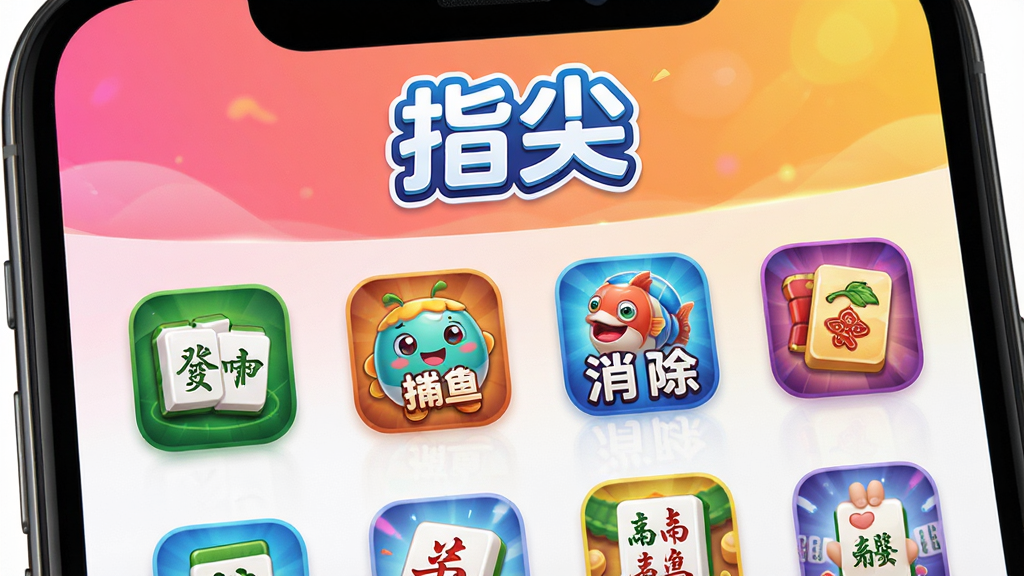 画面主体为手机屏幕特写,屏幕中显示“指尖”应用主界面,界面布局清晰,顶部有“指尖”字样logo,下方排列着麻将、捕鱼、消除等游戏图标,背景为渐变色,整体风格明亮活泼,排版居中,细节丰富,高清画质,干净无多余元素。