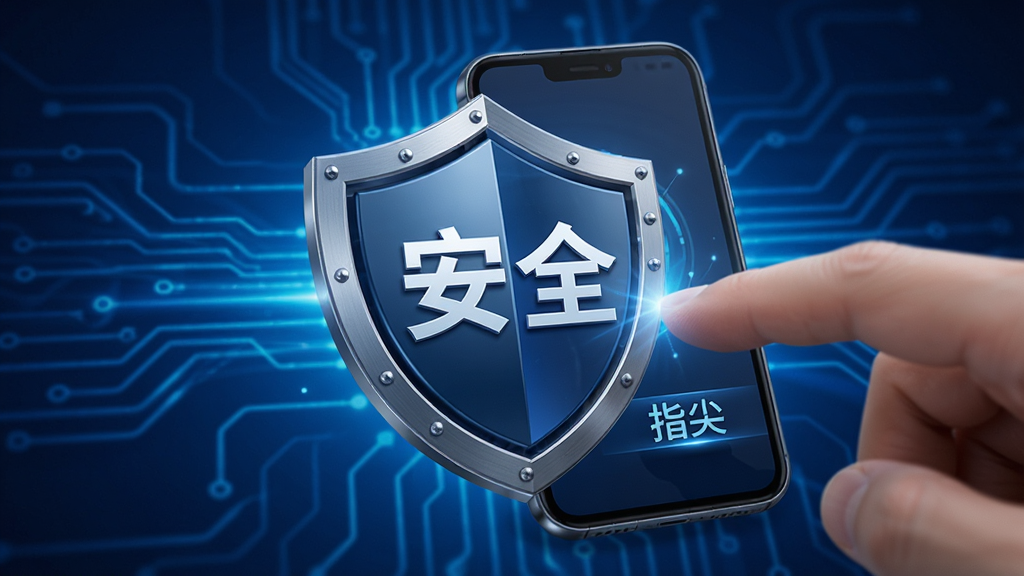 画面主体为盾牌图标与手机结合,盾牌上有“安全”字样,背景为蓝色科技感光效,布局简洁,风格商务,细节精致,画质清晰,干净无多余元素,可加入“指尖”字样。