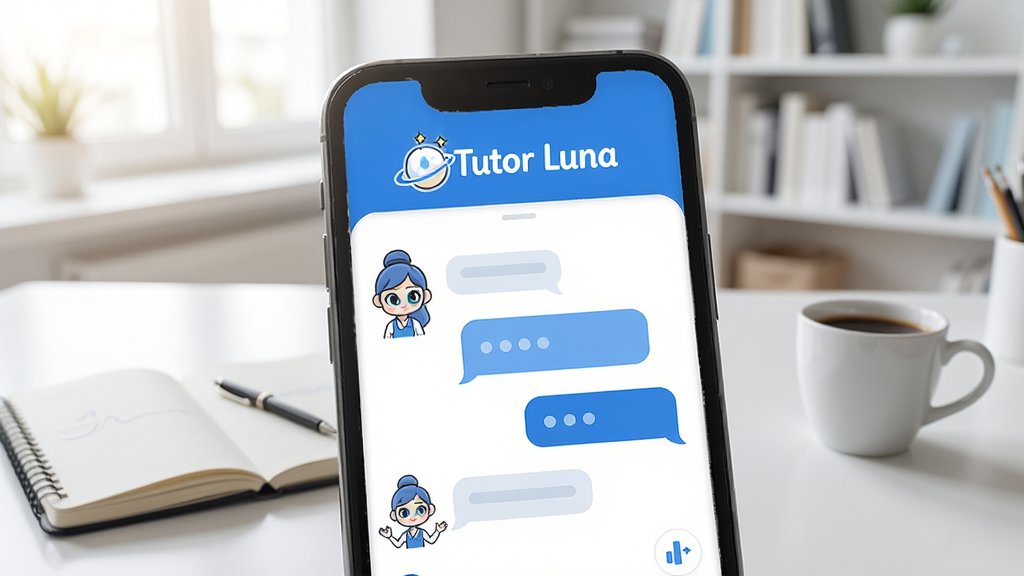 一张智能手机屏幕特写,屏幕中显示Tutor Luna App的对话练习界面,主色调为蓝色和白色,界面有卡通AI老师形象和对话气泡,背景为明亮的现代书房,桌上放有笔记本和咖啡杯,整体风格清新简洁,画质高清干净,突出软件名称“Tutor Luna”的Logo在屏幕上方。