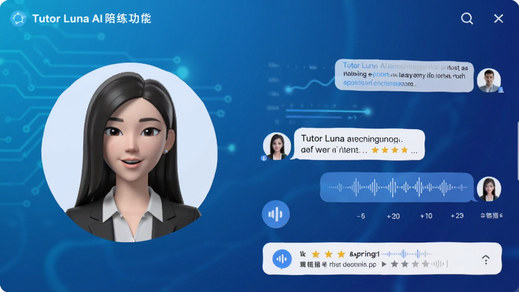 展示Tutor Luna AI陪练功能的界面截图,左侧为虚拟外教头像,右侧为用户对话内容,下方有发音评分和纠错提示,背景是科技感十足的渐变蓝色,界面布局清晰,包含人物、图表、语音波形等元素,整体风格现代简约,画质干净,无多余元素。