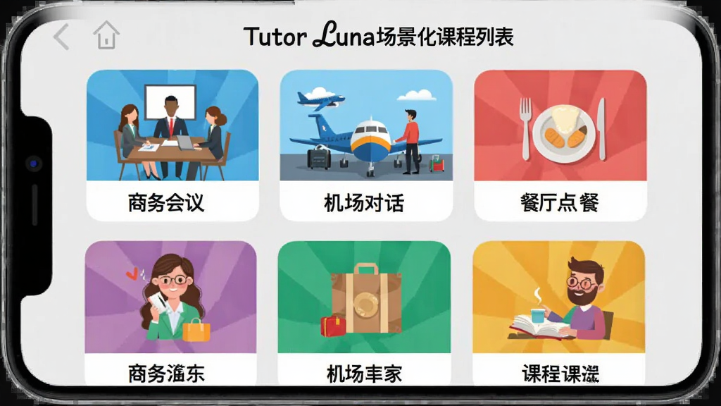 一张Tutor Luna场景化课程列表的手机截图,展示“商务会议”、“机场对话”、“餐厅点餐”等彩色图标课程卡片,背景为浅灰色,每个卡片有对应的插画,整体布局整齐,风格活泼,画质干净,突出软件名称。