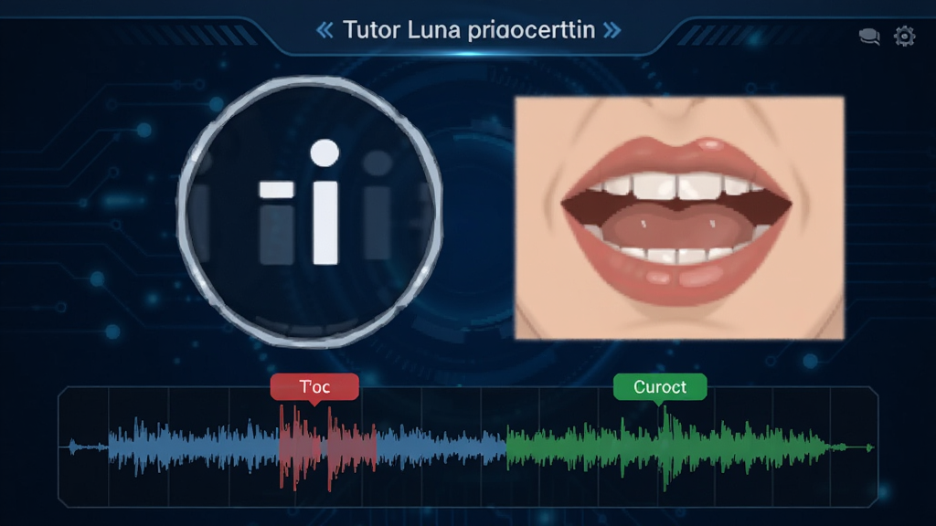 展示Tutor Luna发音纠错功能界面,屏幕中央有放大的音标符号和口型示范图,下方有波形对比图,红色标注错误部分,绿色标注正确部分,背景为深蓝色科技风,整体风格专业,画质清晰。