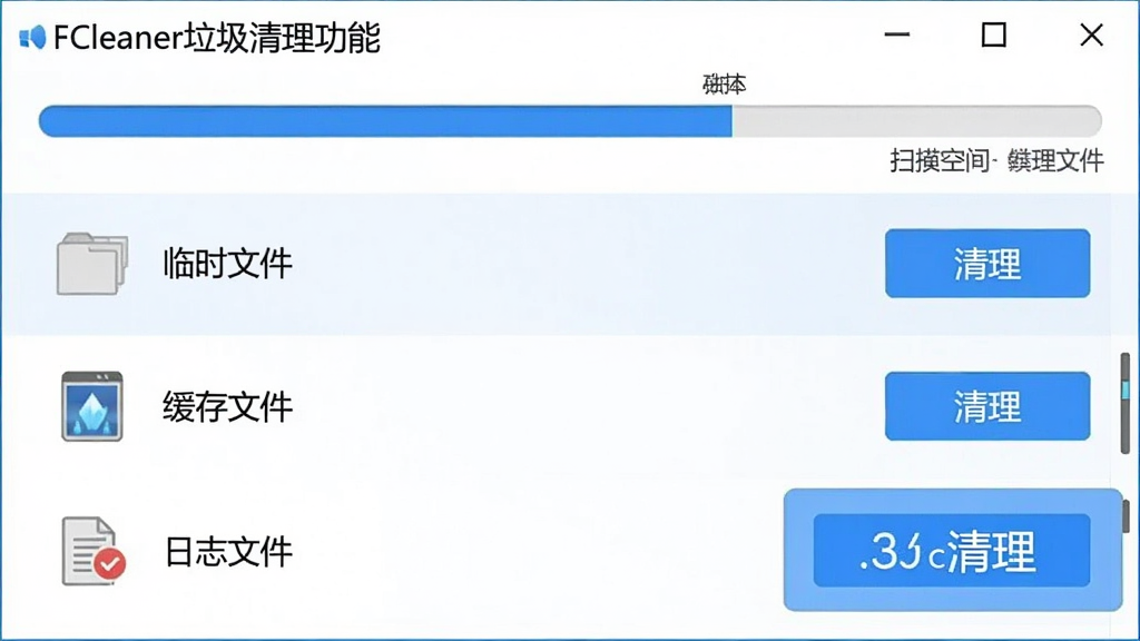 FCleaner�����������ܽ�ͼ��������ʾɨ��������ͷ��������ļ��б����硰��ʱ�ļ������������ļ���������־�ļ�����ÿ��������������ť��������ִ�����ɫ������ʾ�������ռ䣬�����������޶�������