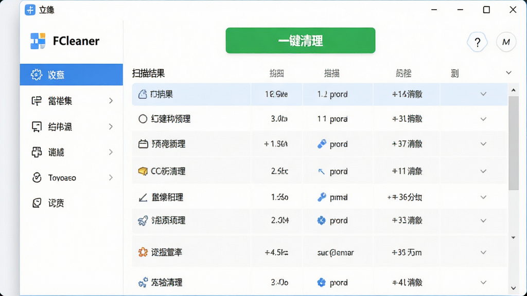 FCleaner������Ԥ��ͼ����ʾ�������岼�֣���๦�ܲ˵������Ҳ�ɨ�����б��������С�һ����������ɫ��ť����������ˬ��࣬������Ϊ��ɫ��������ɾ��޶���Ԫ�أ����ʸ���