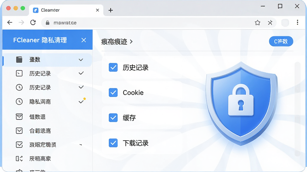 FCleaner��˽��������չʾ��������ʾ������б��͸���ۼ�ѡ��硰��ʷ��¼������Cookie���������桱�������ؼ�¼���ȣ�ÿ��ѡ��ǰ�й�ѡ�򣬷�����¼�࣬��˽����ͼ���׺�����ʳ�ɫ