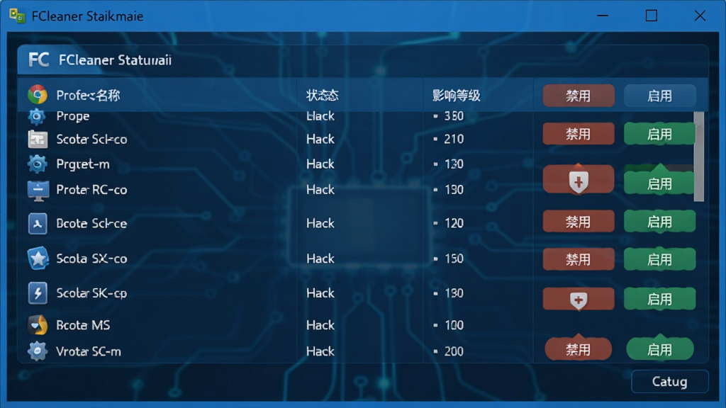 FCleaner������������棬�����г��������ơ�״̬��Ӱ��ȼ������С����á��͡����á���ť��������ɫ�Ƽ��У������������������ʸ���