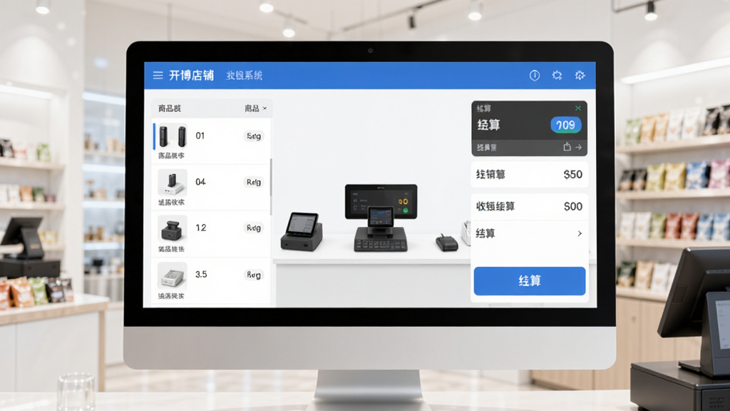 开博店铺收银系统主界面展示,电脑屏幕中显示简洁的收银操作台,左侧商品列表,右侧结算区域,背景为明亮的店铺环境,界面布局清晰,按钮图标大而醒目,整体风格现代商务,画质干净,无多余元素