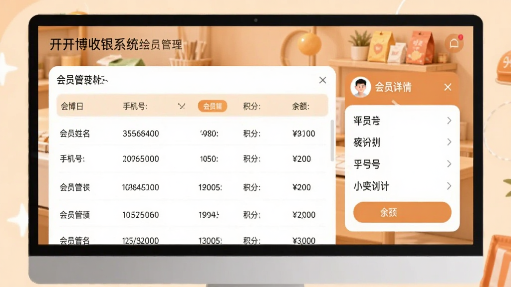 开博店铺收银系统会员管理页面,显示会员列表,包含会员姓名、手机号、等级、积分、余额,右侧会员详情卡片,背景为暖色调店铺风格,界面友好,数据清晰,画质干净,无多余元素