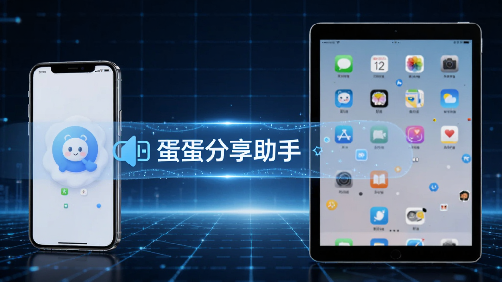 画面左侧为一台手机,右侧为一台平板电脑,两者之间有一条发光的蓝色数据流带,上面显示“蛋蛋分享助手”字样。背景为深蓝色科技感网格,光线明亮,构图对称,风格科技感十足,细节清晰,画质干净,无多余元素。