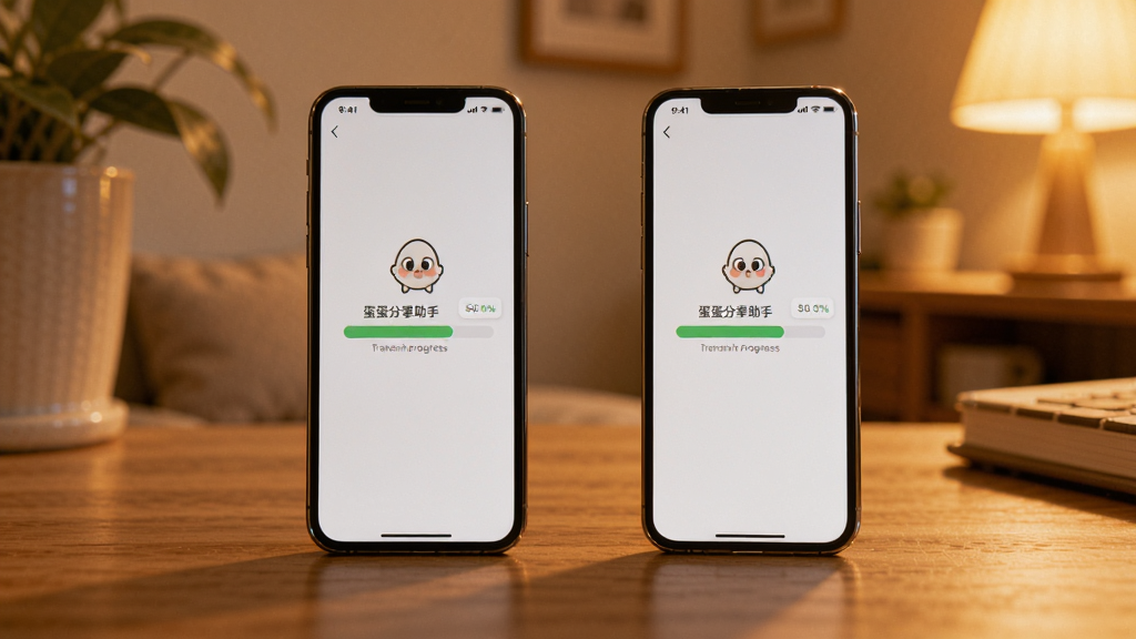 画面展示两部手机并排放在桌面上,屏幕中显示蛋蛋分享助手的传输进度条,背景为室内暖光环境,构图自然,风格温馨,细节真实,画质清晰,无多余元素。