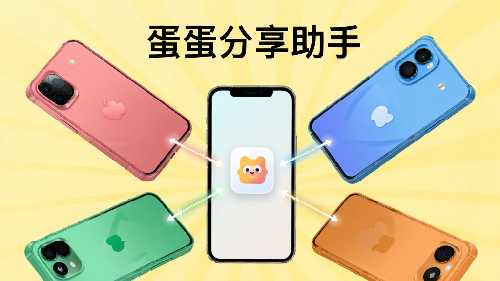 画面中心为一台手机,周围环绕四台不同颜色的手机,均有光线连接至中心设备,上方显示“蛋蛋分享助手”字样。背景为明亮的浅黄色,构图呈放射状,风格简洁活泼,细节清晰,画质干净,无多余元素。