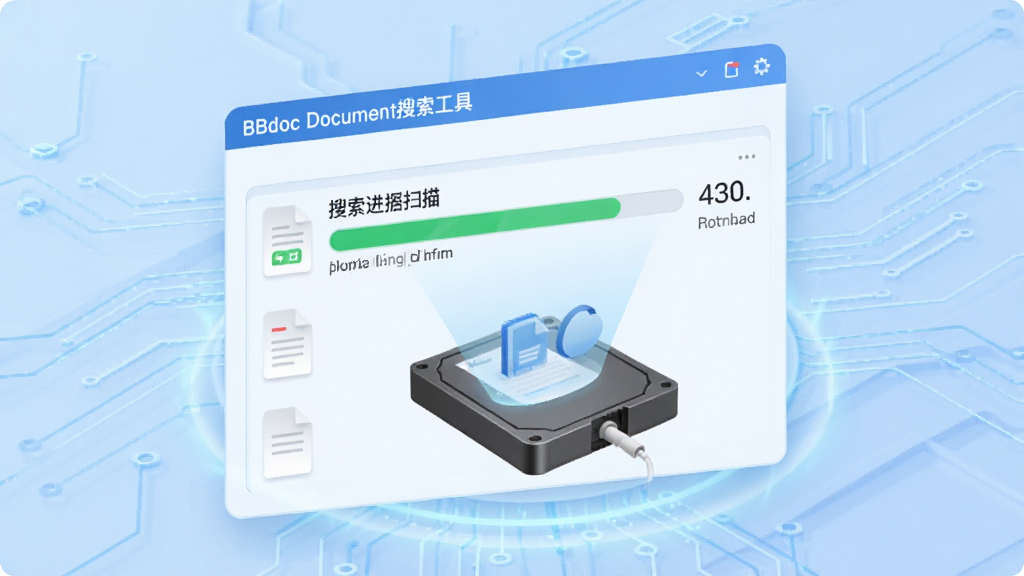 一张动态示意图,展示BBdoc文档搜索工具正在快速扫描电脑硬盘中的各类文档,界面显示索引进度条和文件数量统计,背景为淡蓝色科技感风格,主体突出,布局清晰,画质干净,无多余元素