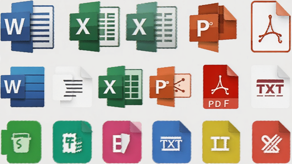 一幅展示BBdoc文档搜索工具支持多种文档格式的图标墙,包括Word、Excel、PPT、PDF、TXT等,图标排列整齐,色彩鲜明,背景为浅灰色,整体简洁大方,画质干净,无多余元素