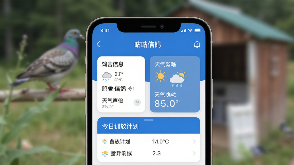 一张手机应用界面的高清预览图,画面中央展示“咕咕信鸽”APP的主页,采用蓝色主题色调,布局清晰显示鸽舍信息、天气状况和今日训放计划卡片,背景虚化处理突出前景界面,整体风格简约现代,UI设计精致,画质干净,无多余元素