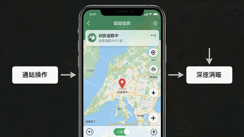 一张操作流程图,展示“咕咕信鸽”APP在手机后台运行时的状态栏通知样式,通知栏显示“训放追踪中”和鸽子图标,手机屏幕显示定位成功的地图界面,清晰展示操作步骤,风格写实,画质干净,无多余元素