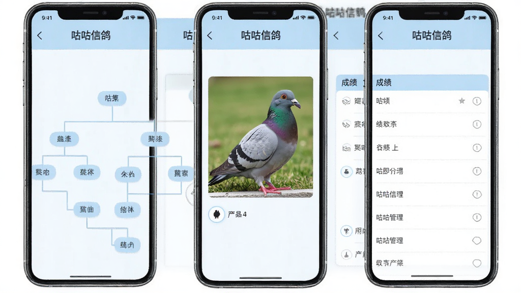 一张展示“咕咕信鸽”APP血统管理功能的界面设计图,画面中展示了一个鸽子的详细档案页,包含血统树状图、鸽子照片和成绩列表,信息排列整齐,界面以淡蓝色和白色为主,风格简洁商务,画质清晰,无多余元素
