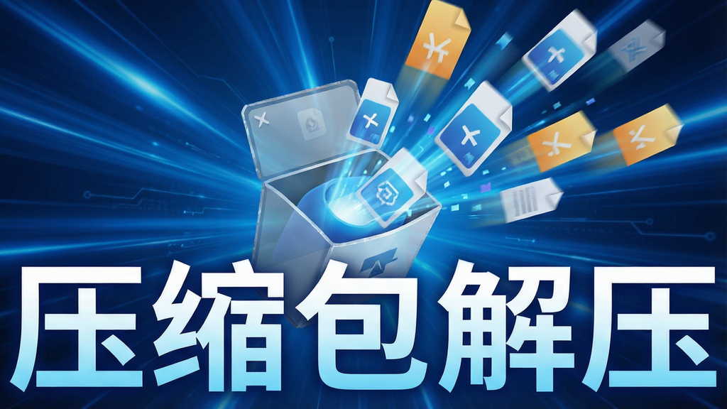 一张展示压缩包解压软件高速解压的动效图,画面中有多个文件从压缩包中飞速飞出,背景为动感蓝色光效,风格科技感,布局动态,画质清晰,无多余元素,突出“压缩包解压”软件名称。