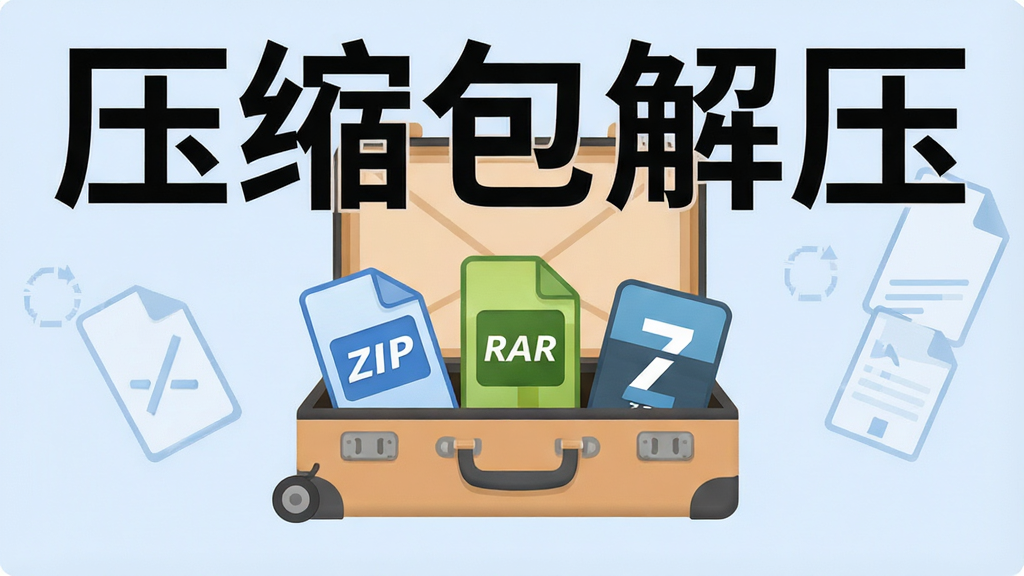 一张展示压缩包解压软件支持多种格式的示意图,画面中央有一个打开的行李箱,里面露出ZIP、RAR、7Z等格式图标,背景为淡蓝色,风格简约,排版清晰,画质干净,突出“压缩包解压”软件名称。