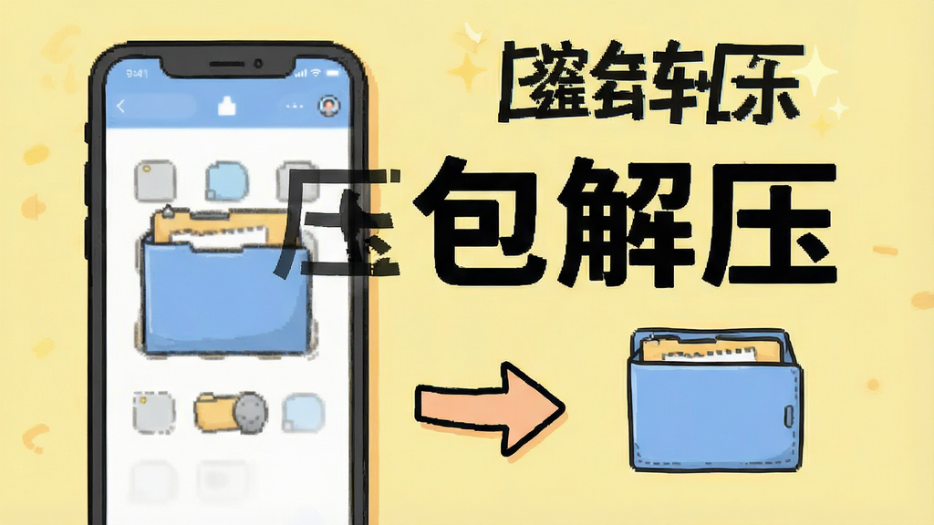 一张展示压缩包解压软件使用步骤的教程图,画面中有手机界面和箭头指示,背景为浅黄色,风格卡通,布局清晰,画质干净,突出“压缩包解压”软件名称。