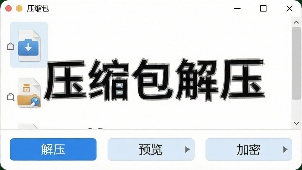 一张展示压缩包解压软件主界面的高清截图,界面简洁明亮,列表中有几个压缩文件图标,下方有“解压”、“预览”、“加密”等按钮,整体风格现代,UI元素干净,画质清晰,无多余文字,突出“压缩包解压”软件名称。