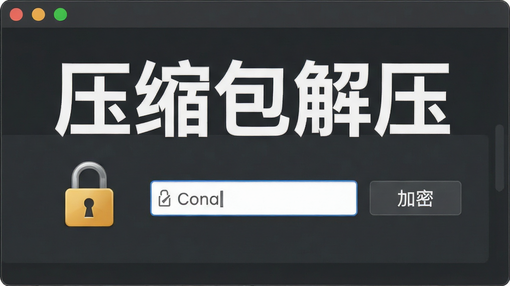 一张展示压缩包解压软件加密功能的界面截图,画面中有一个锁形图标,旁边有密码输入框和“加密”按钮,背景为深灰色,风格稳重,布局简洁,画质细腻,突出“压缩包解压”软件名称。