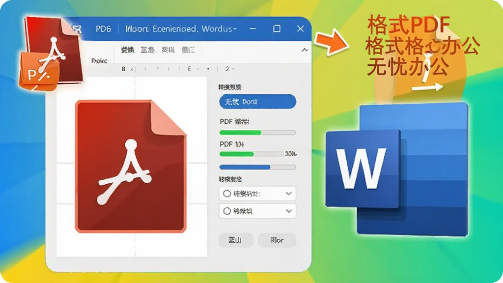 ��ɽPDF��ʽת������Ԥ��ͼ��չʾPDF�ļ����ڱ�ת��ΪWord�ĵ��Ĺ��̣������н�������ת��ѡ�������PDFͼ���Wordͼ�꣬ɫ��������ͻ������ʽת�������ǰ칫�����ص㣬����ɾ����޶���Ԫ�ء�