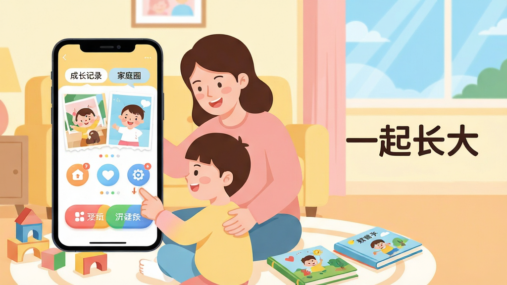 主体:温馨明亮的客厅场景中,父母与孩子围坐一起使用手机上的“一起长大”应用,屏幕上显示孩子成长相册和互动图标。布局:人物位于画面中央偏左,手机屏幕朝向镜头,右边留白放置应用名称文字“一起长大”。排版:应用界面元素清晰,上方有“成长记录”“家庭圈”标签,下方有彩色功能按钮。风格:扁平化插画风格,色彩温暖柔和,以浅黄、淡粉、天蓝为主色调。细节:父母面带微笑,孩子手指点击屏幕,周围散落着积木和绘本。画质:高清细腻,干净,无多余元素。