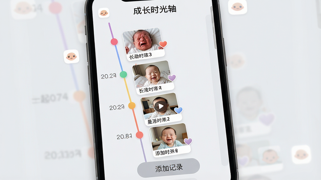 主体:手机屏幕特写显示“一起长大”应用的成长时光轴界面,纵向排列着宝宝从出生到周岁的照片和视频缩略图,每个节点有日期和爱心标记。布局:手机位于画面中心,界面左侧为时间线,右侧为照片预览,顶部有“成长时光轴”标题。排版:时间线用彩色圆点连接,照片错落有致,底部有“添加记录”按钮。风格:清新简约的UI设计风格,背景为浅灰色,图标圆润可爱。细节:照片中宝宝表情各异,有哭有笑,时间轴上的标签清晰可读。画质:高保真屏幕截图效果,干净,无多余元素。