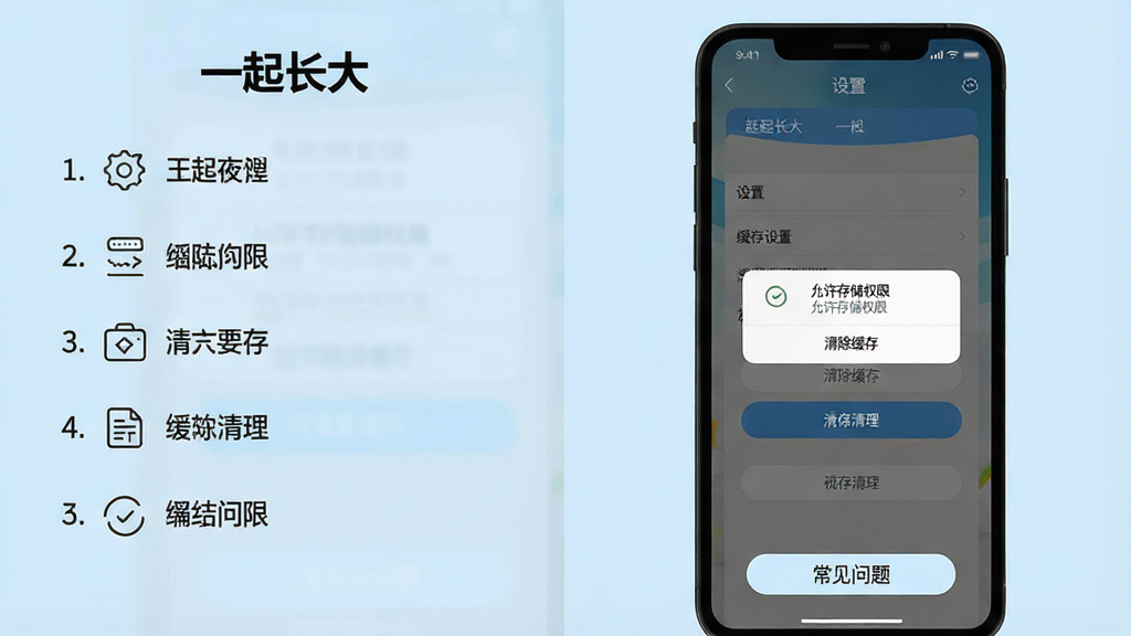 主体:手机横屏显示“一起长大”应用的使用教学界面,左侧是操作步骤列表,右侧是模拟手机屏幕演示。布局:画面分为左右两栏,左栏为文字步骤,右栏为手机界面,底部有“常见问题”按钮。排版:步骤列表有数字编号,手机屏幕中显示设置菜单和缓存清理按钮。风格:简洁的扁平化设计,背景为浅蓝色,图标为线性风格。细节:屏幕上有“允许存储权限”“清除缓存”等弹窗提示。画质:清晰直观,干净,无多余元素。