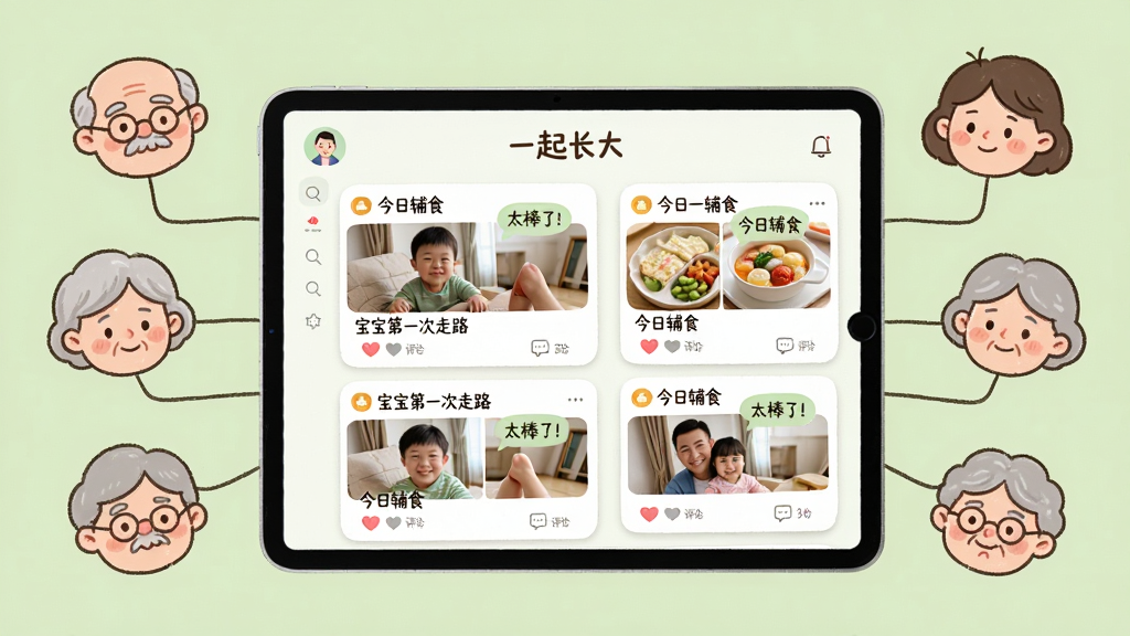 主体:一部平板电脑横屏展示“一起长大”的家庭共享圈界面,屏幕上有多个家庭成员的头像和动态卡片,显示照片和评论。布局:平板位于画面中央,周围环绕着爷爷奶奶、外公外婆等卡通头像,通过连线连接到平板。排版:家庭动态以瀑布流形式排列,每条动态下方有爱心和评论图标。风格:温馨手绘风格,背景为淡绿色,人物形象亲切可爱。细节:动态卡片上有“宝宝第一次走路”“今日辅食”等文字,评论气泡中显示“太棒了!”等话语。画质:柔和自然,干净,无多余元素。